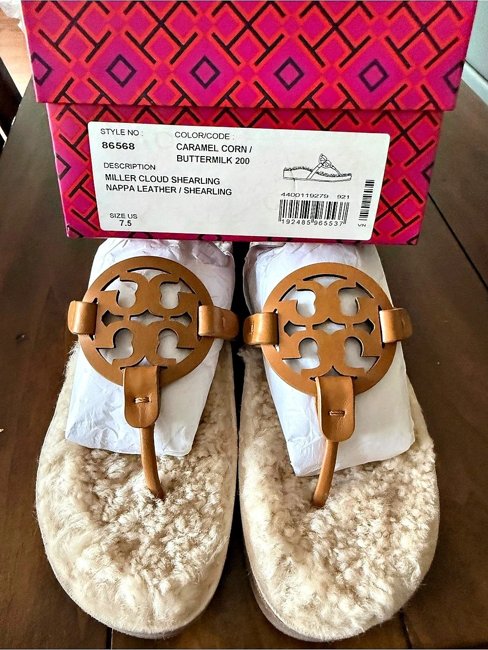 Tory Burch Miller Cloud Shearling Sandals Brown & Cream US 7.5 NWT